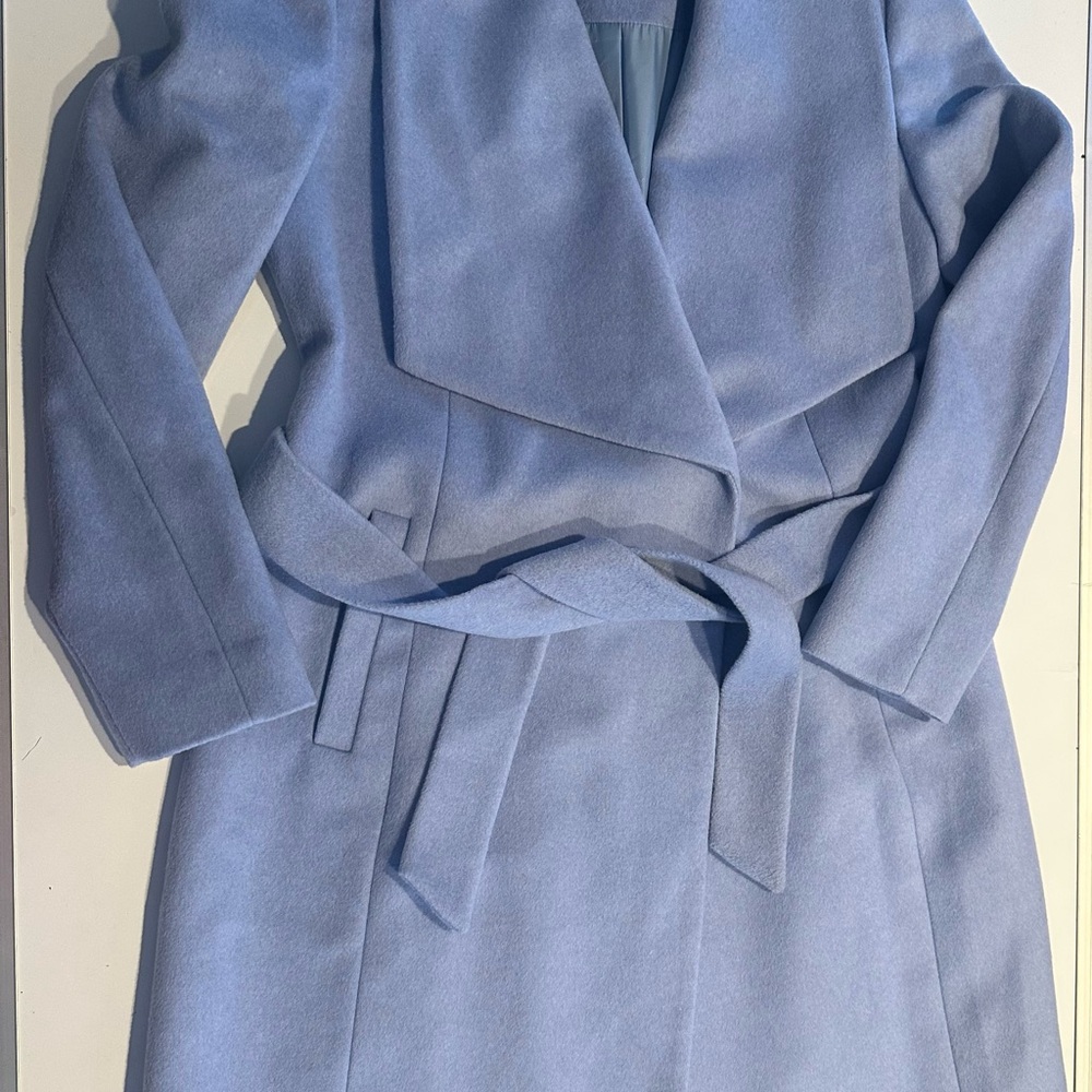 Cole Haan Sz 10 Slick Premium Wool Blend Belted Wrap Trench Coat Ice Blue Luxury
